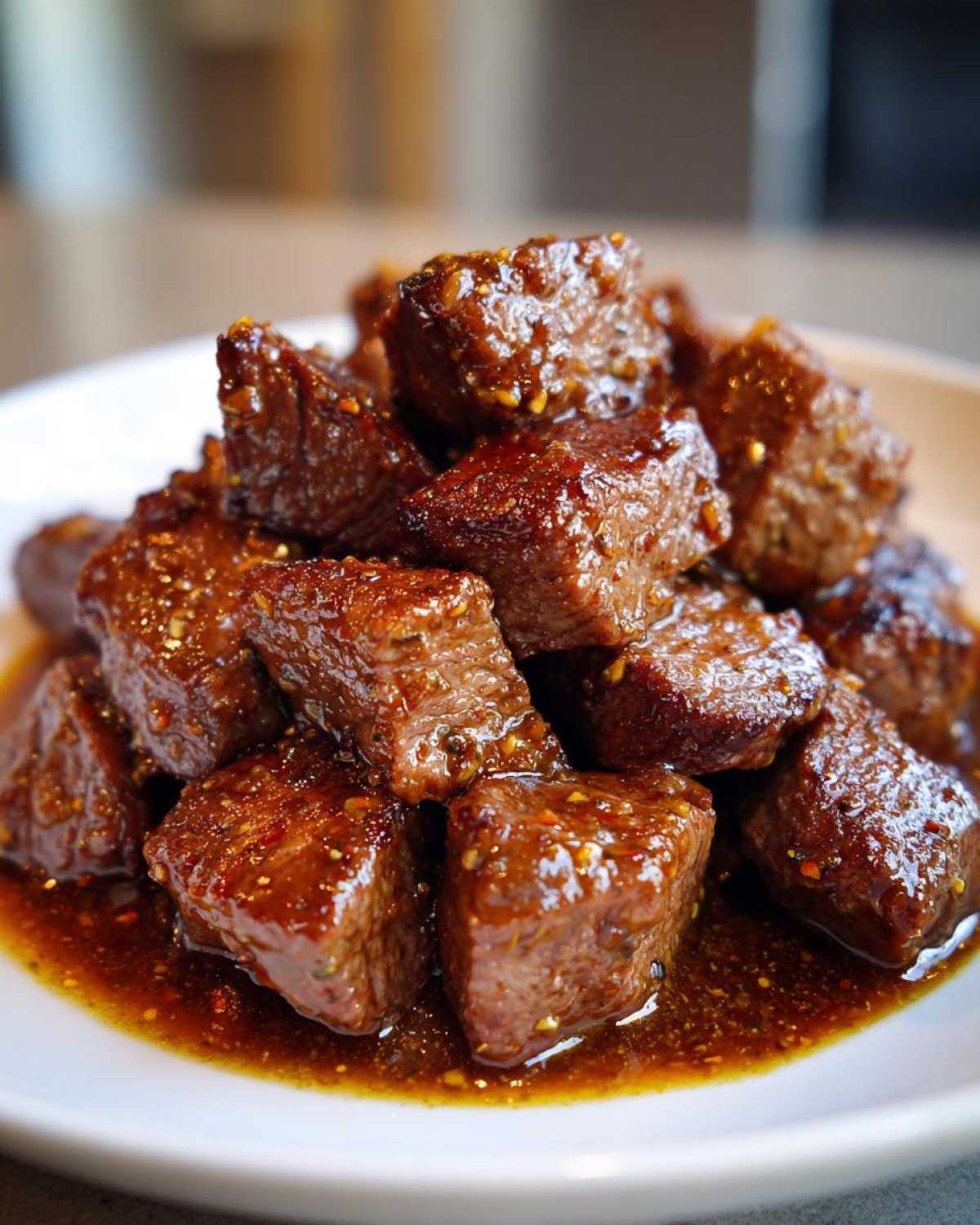 Close-up of tender, cubed crockpot steak bites coated in a rich, savory glaze, piled high on a white plate.