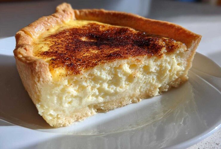 A close-up slice of amazing custard pie showing the thick, creamy filling and a golden, caramelized top.