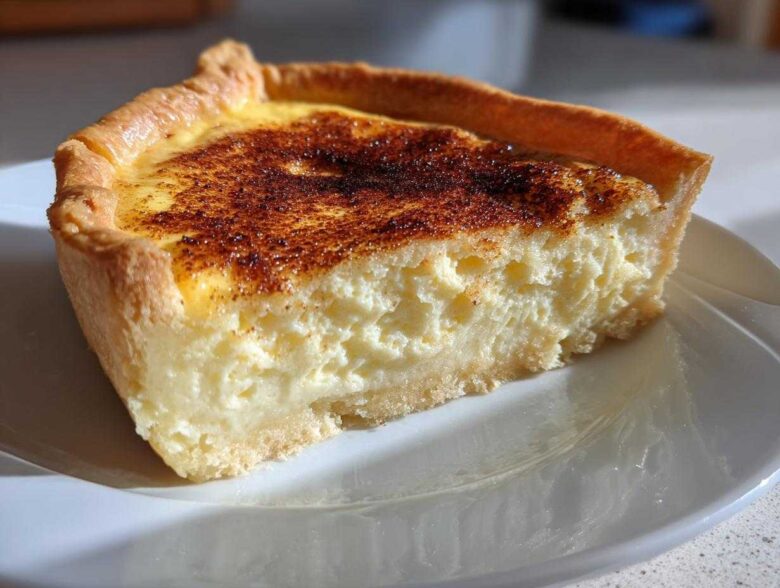 A close-up slice of amazing custard pie showing the thick, creamy filling and a golden, caramelized top.