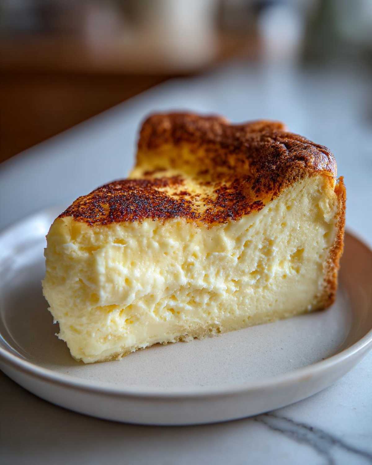 A thick slice of creamy custard pie with a deeply caramelized, slightly burnt top, served on a light plate.