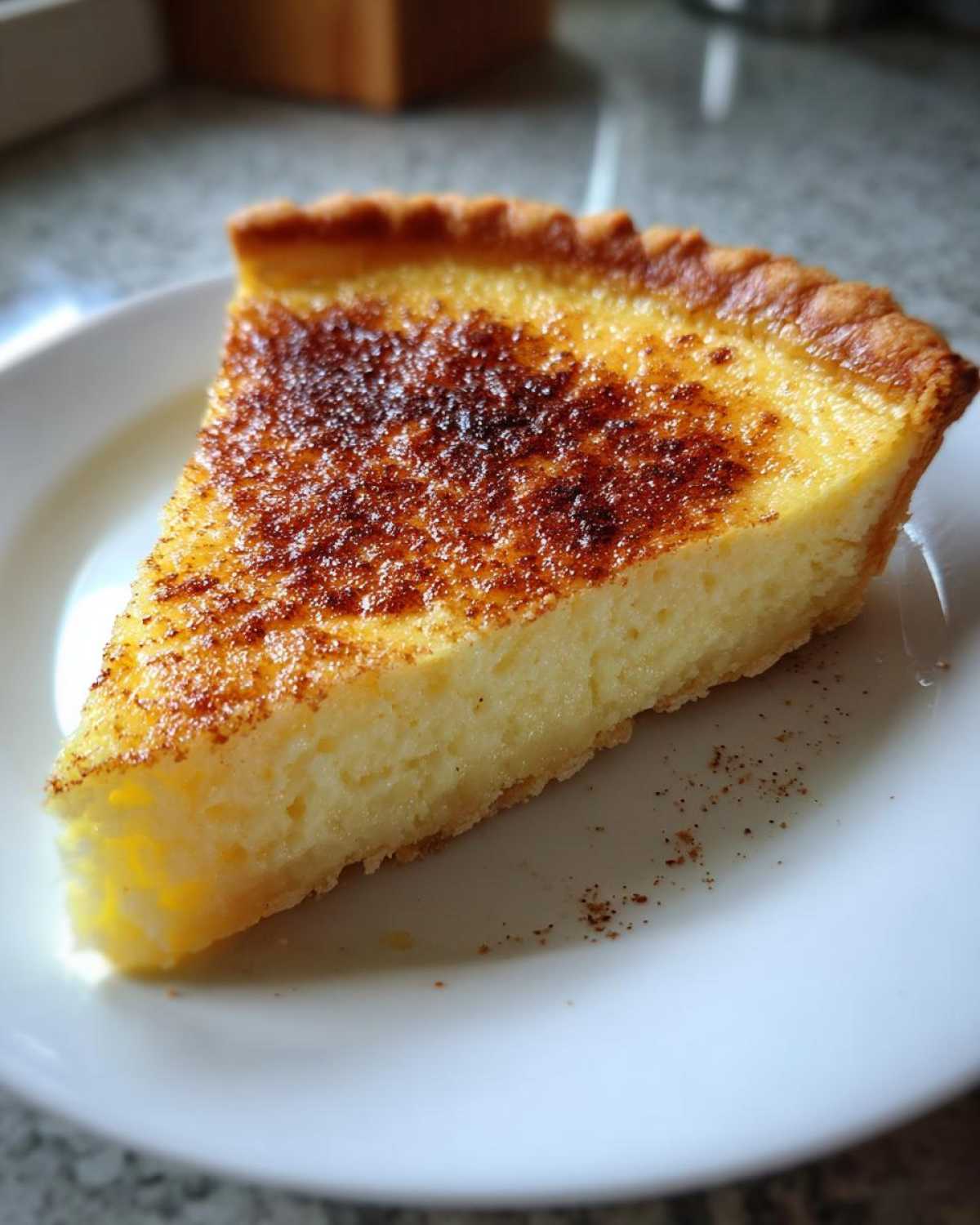 A close-up of a perfect slice of custard pie with a golden, slightly torched top, resting on a white plate.