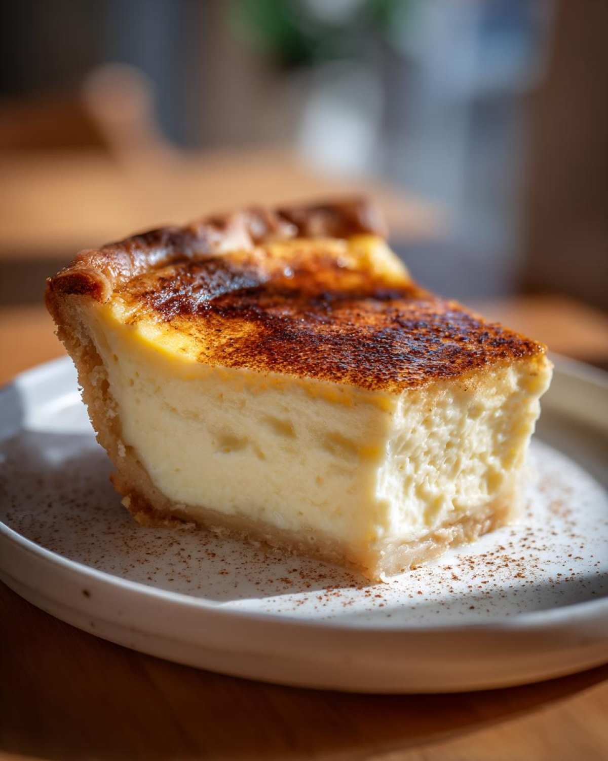 A thick slice of creamy custard pie with a golden, slightly torched top, resting on a white plate.