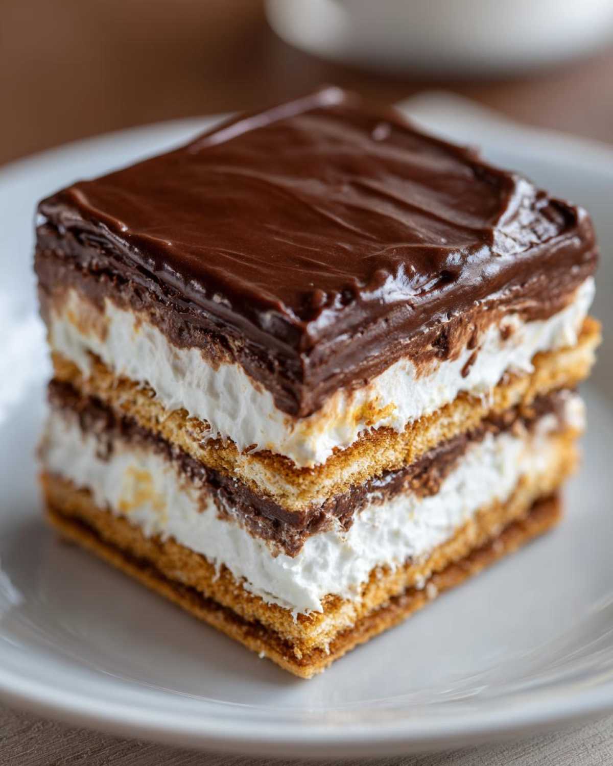 Close-up of a square slice of eclair cake with layers of graham crackers, white cream, and chocolate frosting.