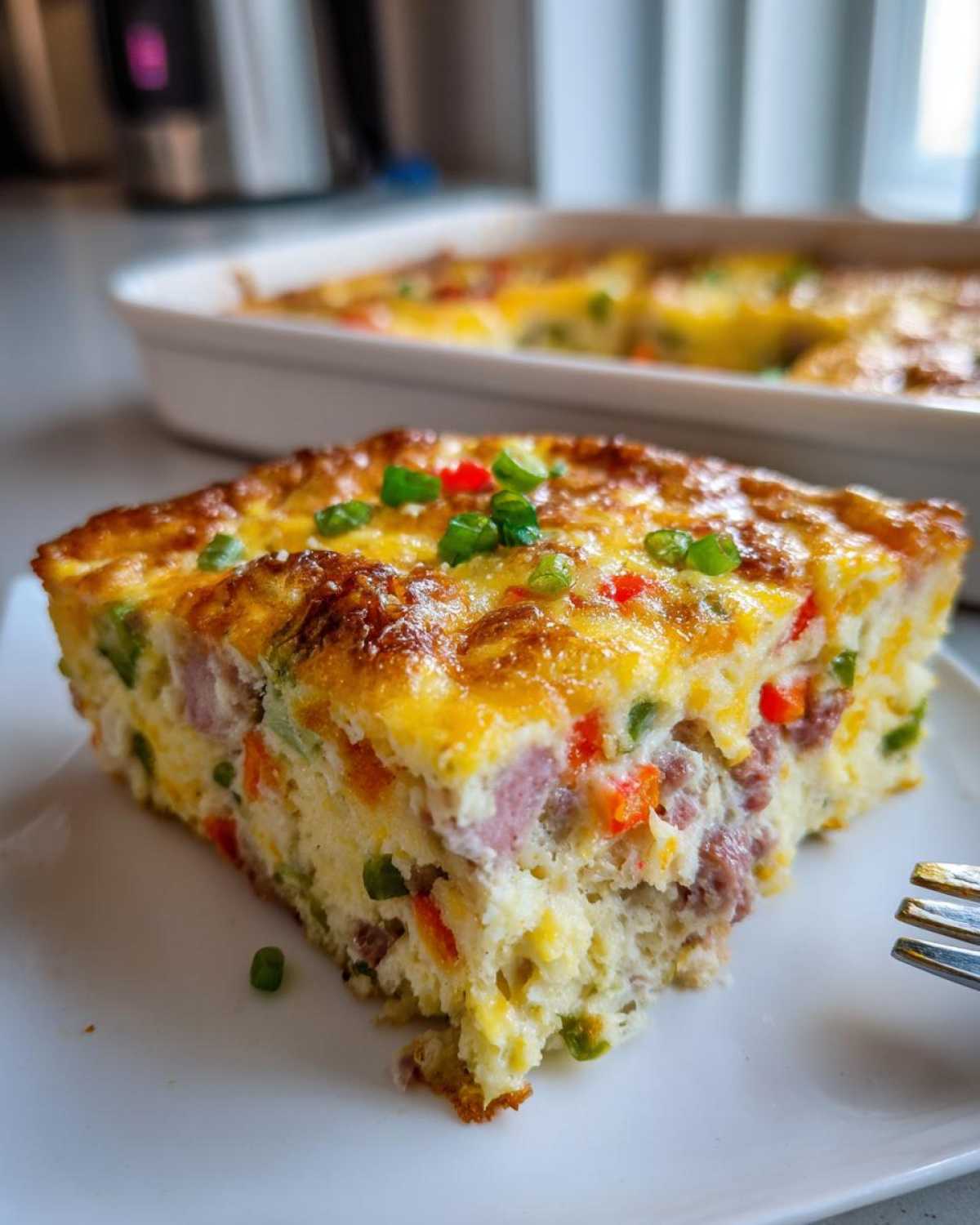 A close-up slice of a savory baked egg bake with ham, vegetables, and melted cheese topping.
