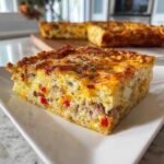 A thick, golden-brown slice of savory egg bake with sausage and peppers on a white plate.