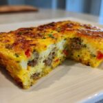 A close-up of a golden brown slice of savory egg bake filled with sausage and red peppers.