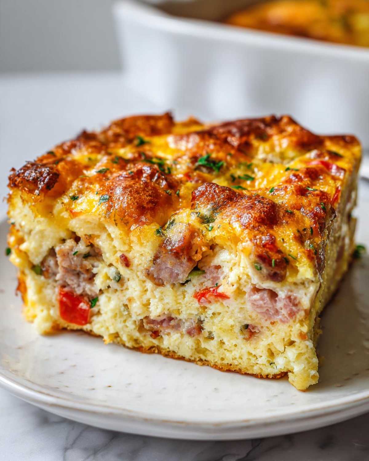 A close-up of a hearty slice of savory egg bake featuring sausage, cheese, and peppers on a white plate.