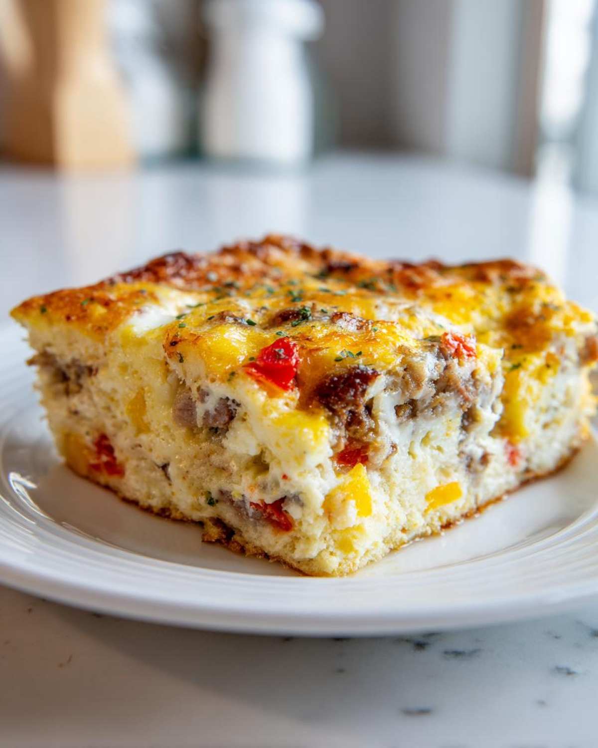A square slice of savory egg bake with sausage, cheese, and colorful peppers on a white plate.