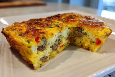 A close-up of a golden brown slice of savory egg bake filled with sausage and red peppers.