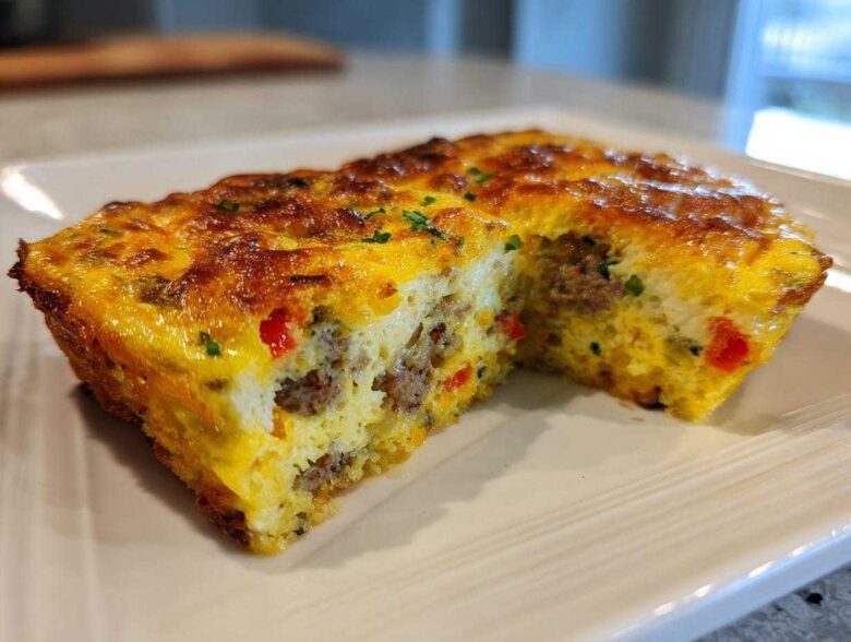 A close-up of a golden brown slice of savory egg bake filled with sausage and red peppers.