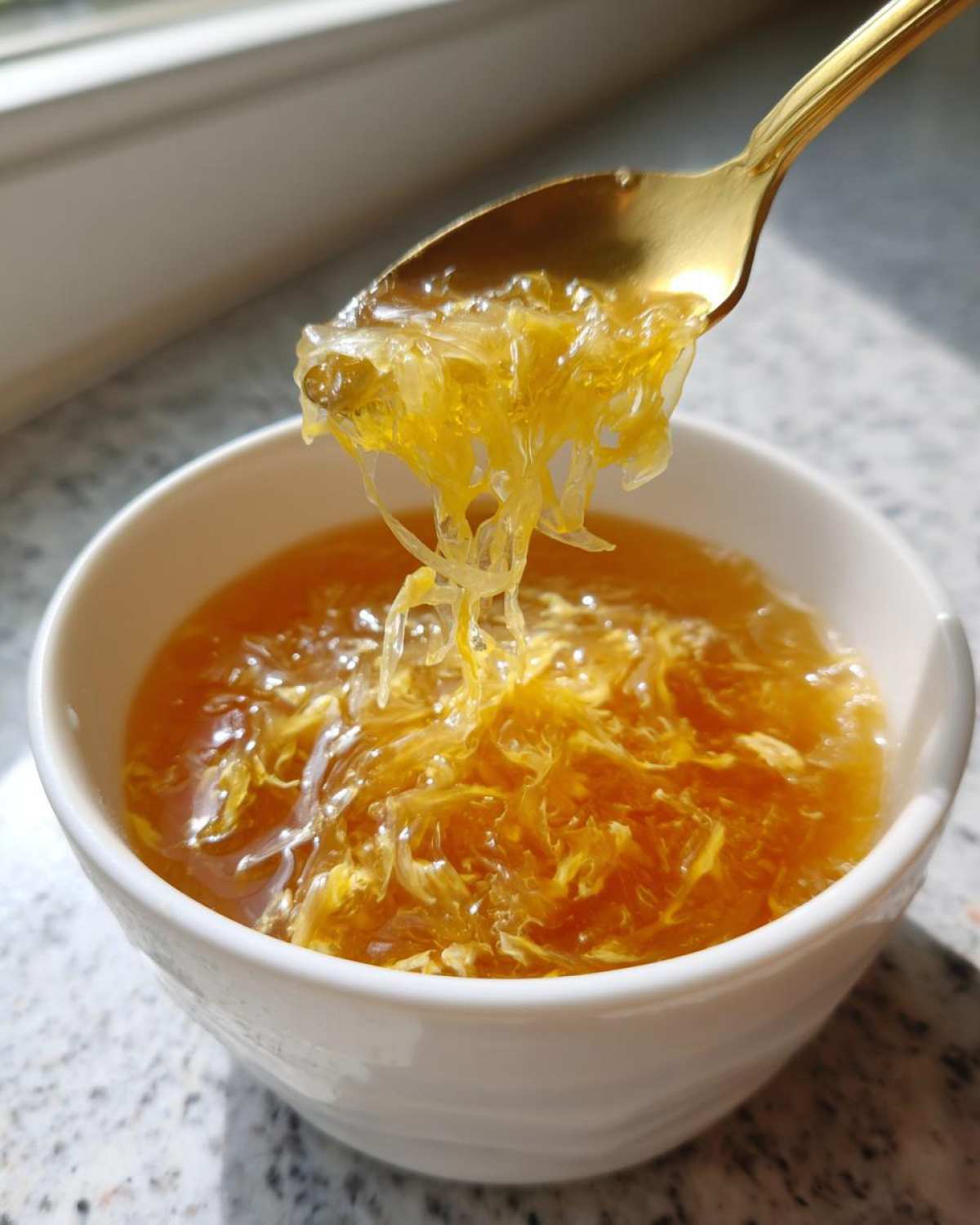 A gold spoon lifts delicate, silky strands of egg drop soup from a white bowl.