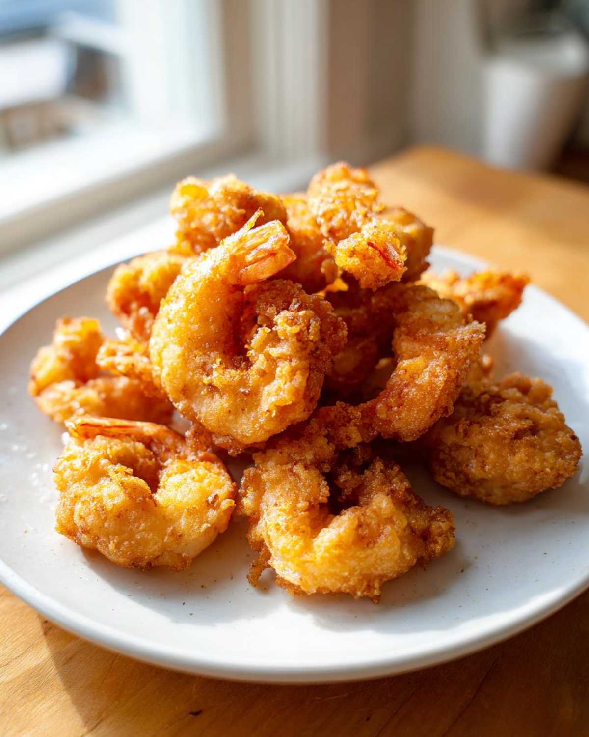 A close-up of a mound of golden brown, crispy fried shrimp piled high on a white plate.