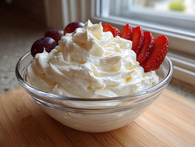 A glass bowl filled with creamy, white fruit dip, garnished with sliced strawberries and grapes.