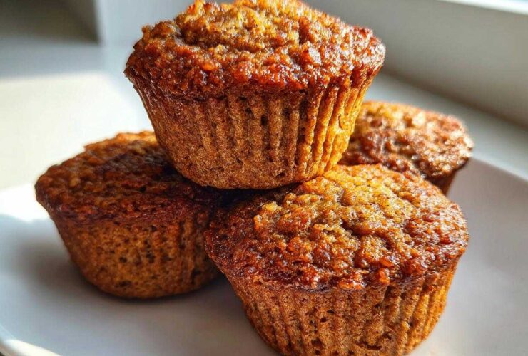A close-up stack of four golden brown, moist honey bran muffins sitting on a white plate near a window.