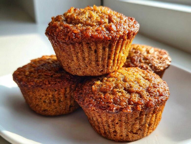 A close-up stack of four golden brown, moist honey bran muffins sitting on a white plate near a window.