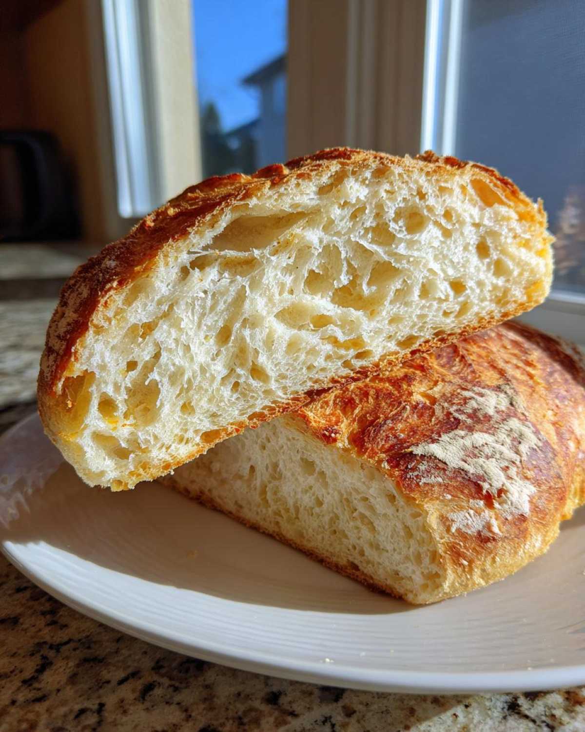 Cross-section view highlighting the airy, open crumb structure of homemade italian bread with a golden, crispy crust.
