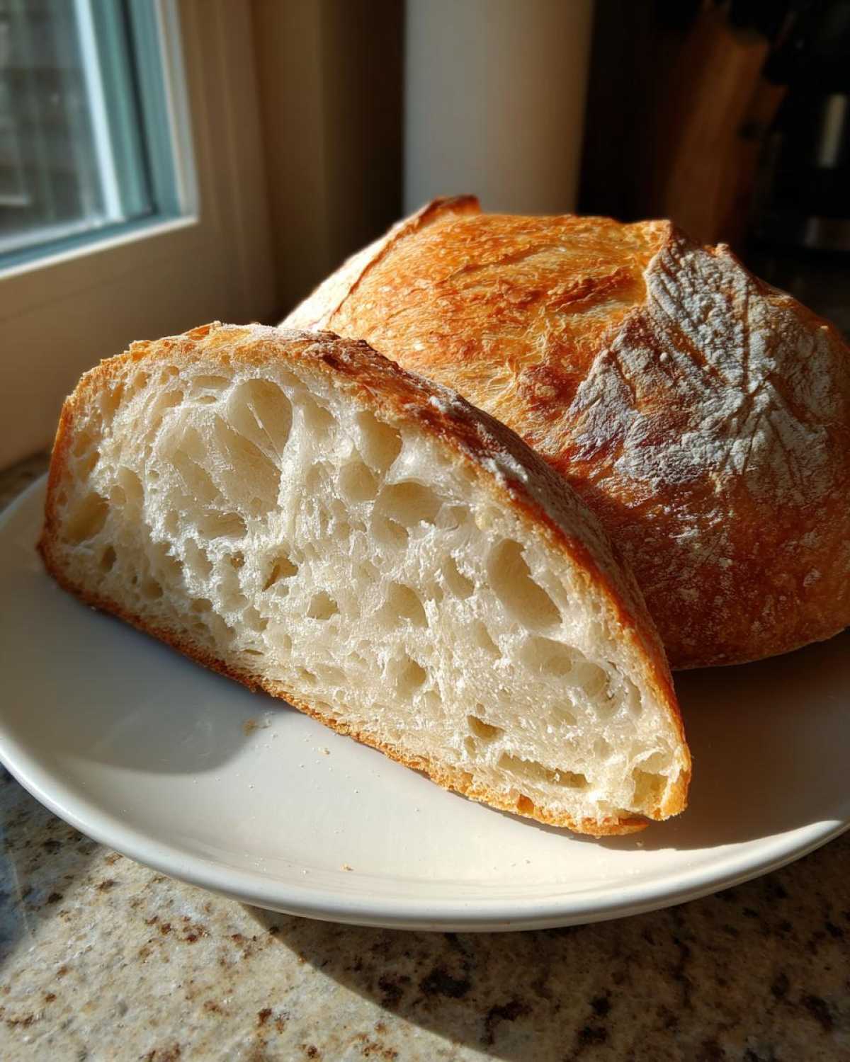 A slice of amazing italian bread showing an open, airy crumb next to the whole loaf.