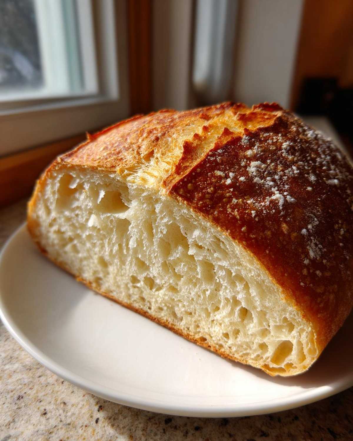 Close-up of a freshly baked loaf of italian bread, sliced to show the airy interior and golden, crusty top.