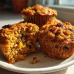 Close-up of moist morning glory muffins, one broken open to show carrots and raisins inside.