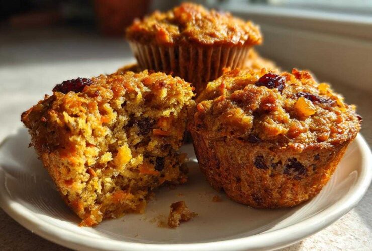 Close-up of moist morning glory muffins, one broken open to show carrots and raisins inside.