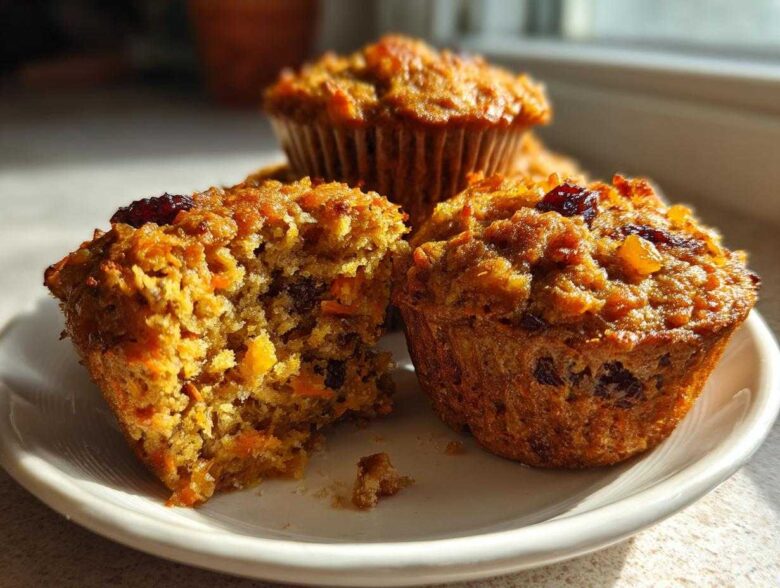 Close-up of moist morning glory muffins, one broken open to show carrots and raisins inside.