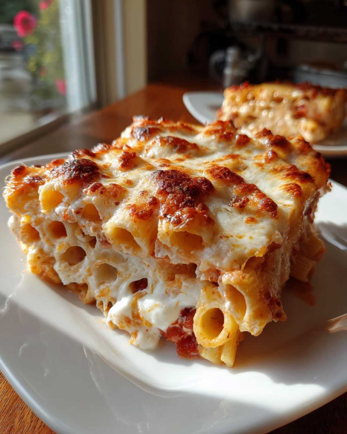 Close-up of a square serving of baked pasta bake with rigatoni noodles and a thick, bubbly, browned cheese topping.