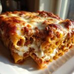 Close-up of a hearty slice of baked pasta bake featuring rigatoni tubes, rich meat sauce, and bubbly melted cheese topping.