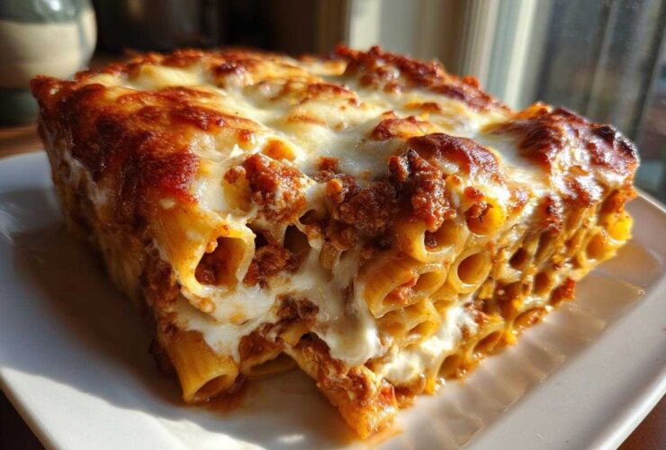 Close-up of a hearty slice of baked pasta bake featuring rigatoni tubes, rich meat sauce, and bubbly melted cheese topping.