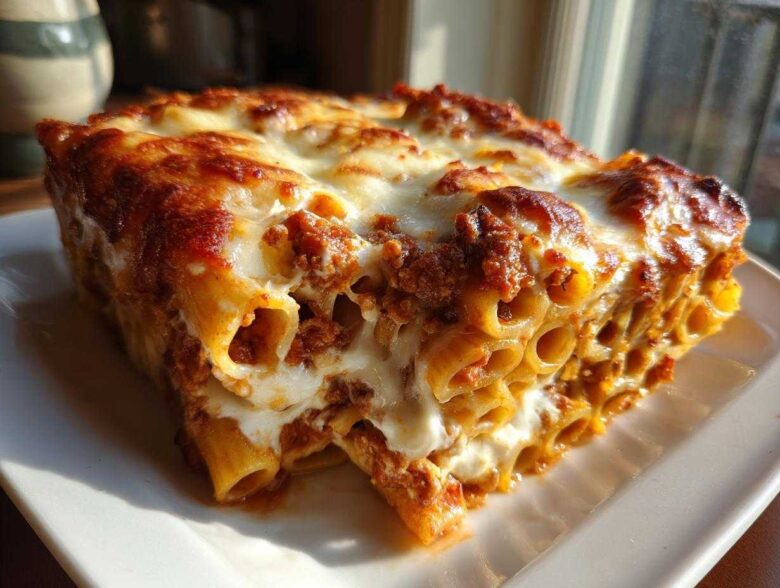 Close-up of a hearty slice of baked pasta bake featuring rigatoni tubes, rich meat sauce, and bubbly melted cheese topping.