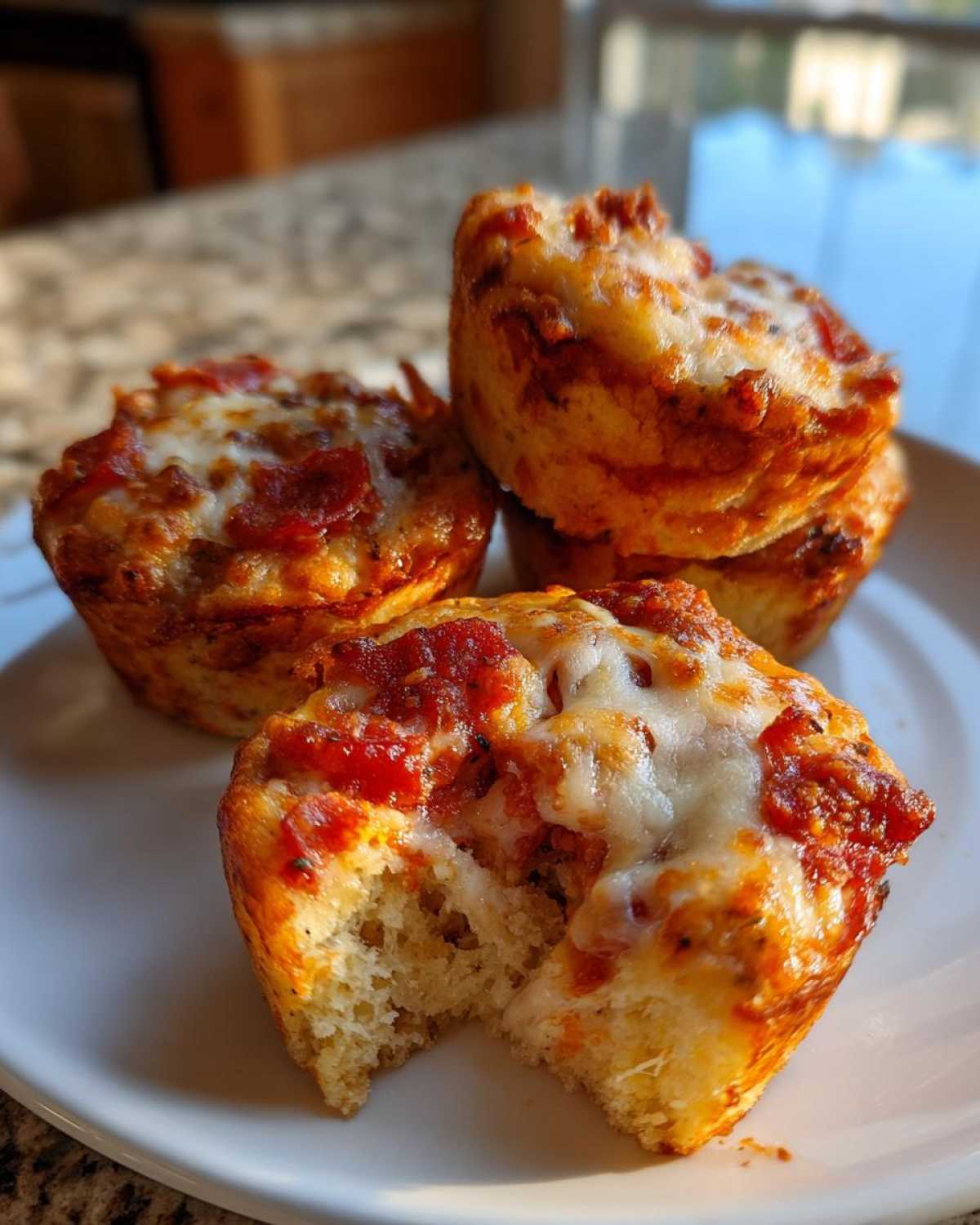 Four freshly baked pizza muffins stacked on a white plate, one has a bite taken out showing the soft interior.