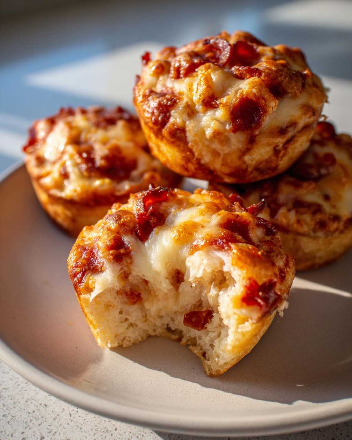 Close-up of several golden Pizza Muffins topped with melted cheese and pepperoni, one has a bite taken out.
