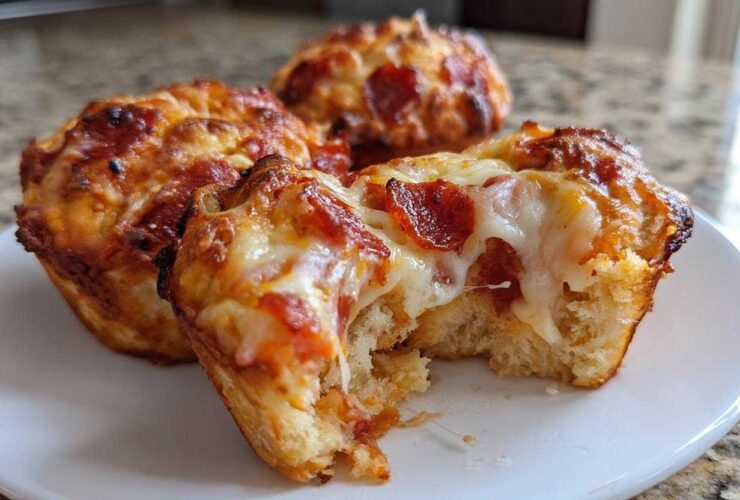 Close-up of three freshly baked pizza muffins, one broken open showing gooey cheese and pepperoni topping.