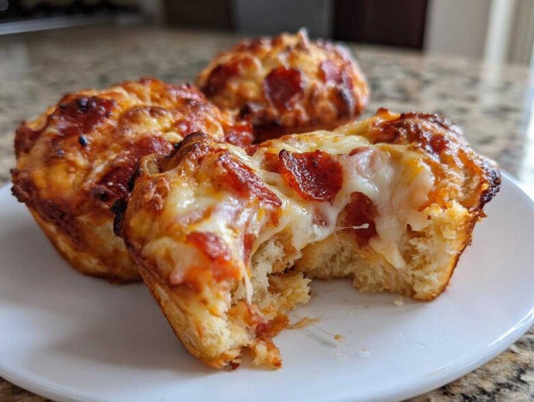 Close-up of three freshly baked pizza muffins, one broken open showing gooey cheese and pepperoni topping.