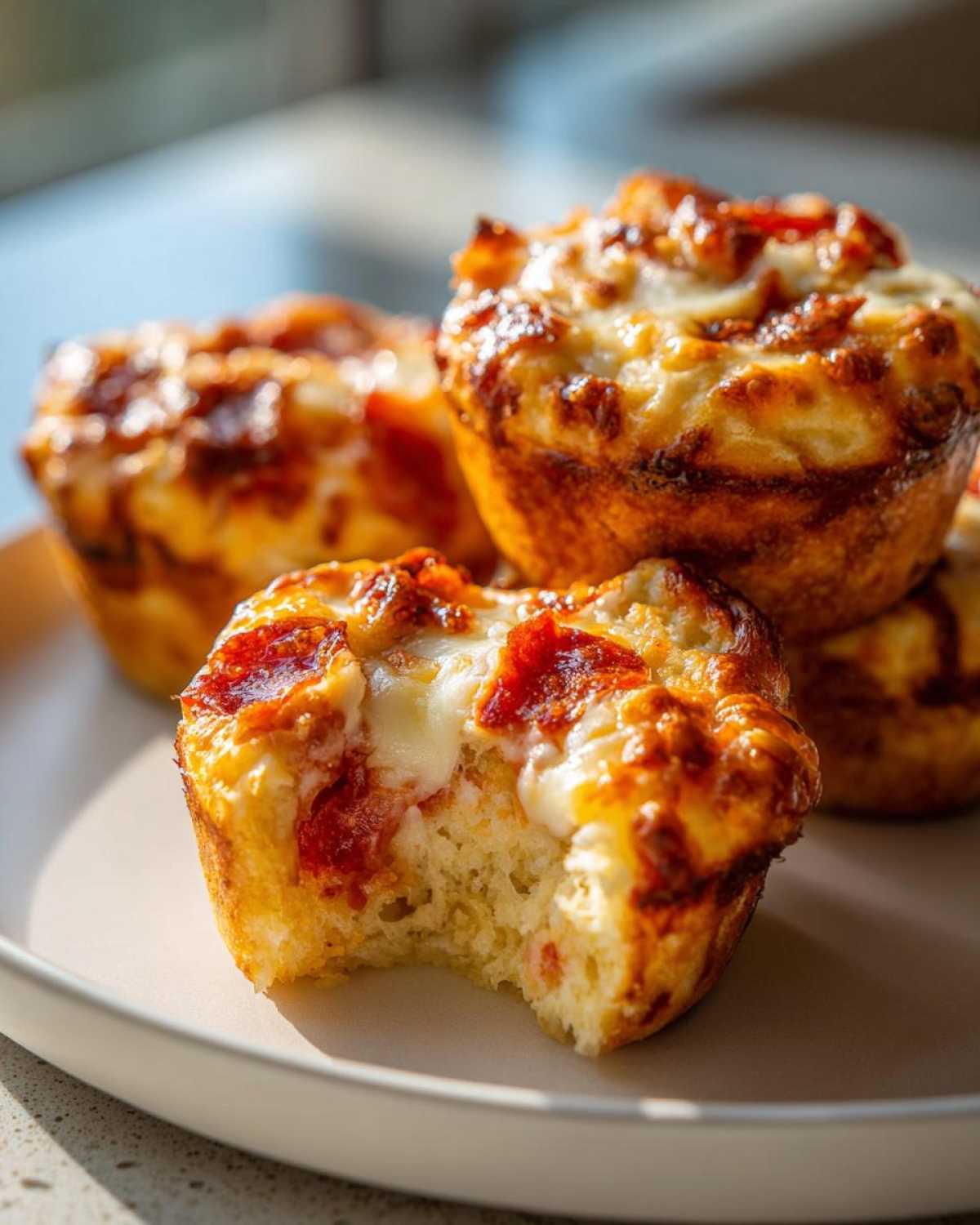 A close-up of several golden-brown pizza muffins, one with a bite taken out, showing melted cheese and pepperoni topping.