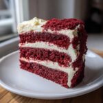 A tall, moist slice of red velvet cake with three layers of deep red cake separated by thick white cream cheese frosting.