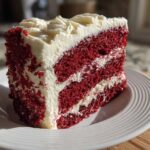 A tall, moist slice of red velvet cake layered with thick cream cheese frosting, sitting on a white plate.