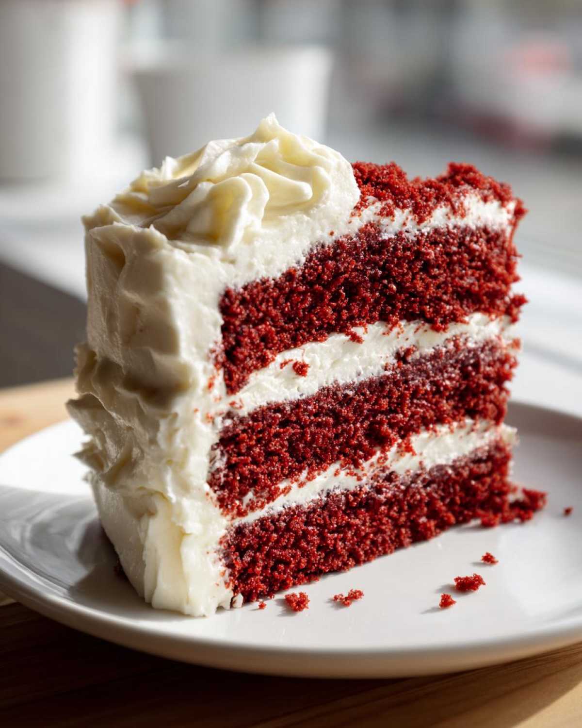 A tall, decadent slice of red velvet cake with four layers of deep red cake separated by thick white cream cheese frosting.