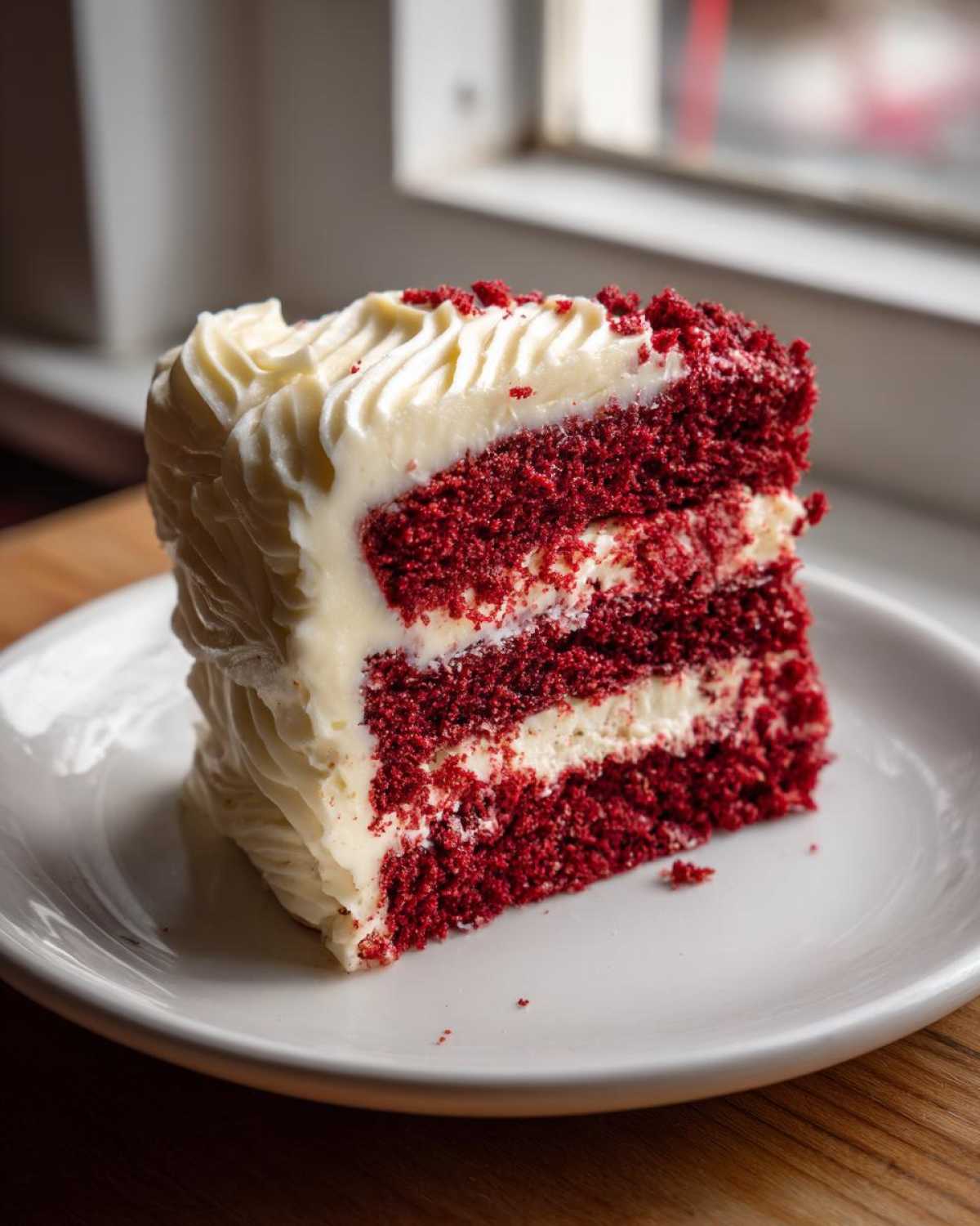 A tall, moist slice of red velvet cake featuring three layers of deep red cake separated by thick cream cheese frosting.