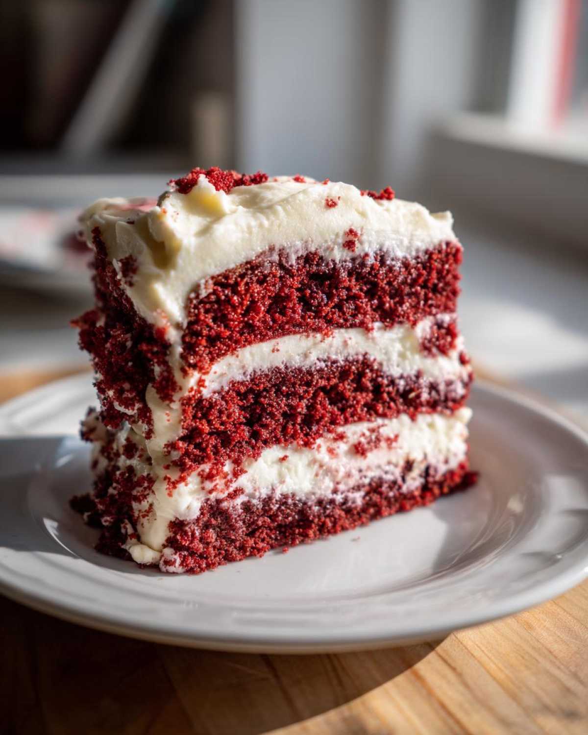 A decadent slice of red velvet cake with three layers of deep red cake and thick cream cheese frosting.