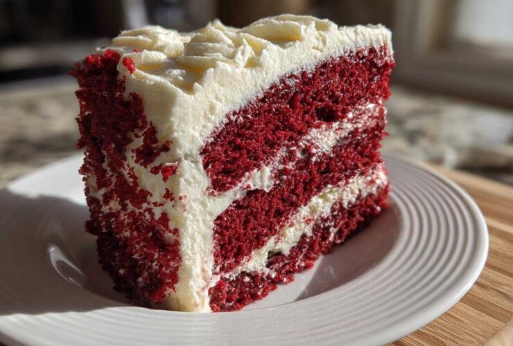A tall, moist slice of red velvet cake layered with thick cream cheese frosting, sitting on a white plate.