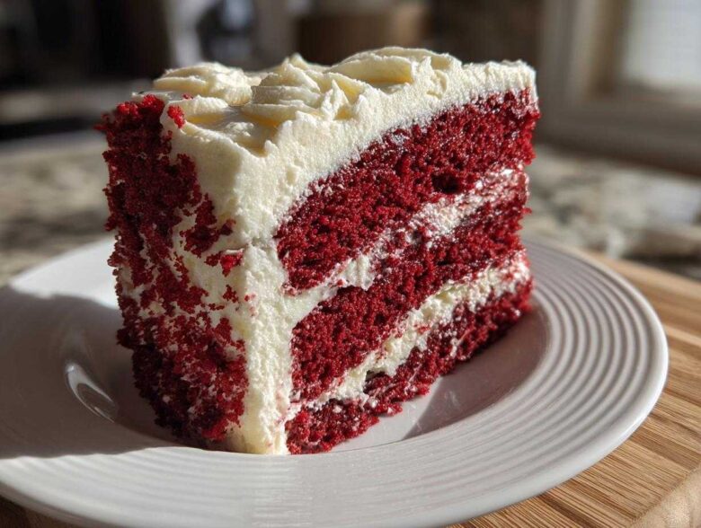 A tall, moist slice of red velvet cake layered with thick cream cheese frosting, sitting on a white plate.
