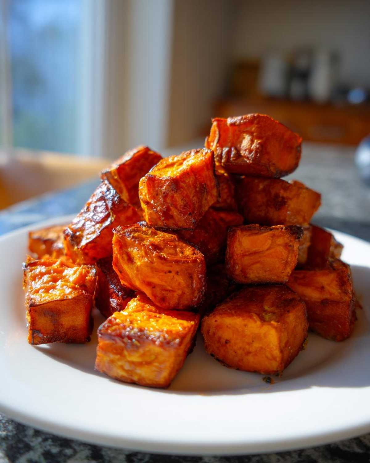 A pile of perfectly caramelized and crispy roasted sweet potato cubes served on a white plate.