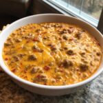 A close-up of a creamy, cheesy rotel dip mixed with ground meat and diced red peppers, served hot in a white bowl.