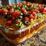 A clear glass dish showcasing the distinct layers of an amazing Seven layer dip, topped with guacamole, cheese, tomatoes, and olives.