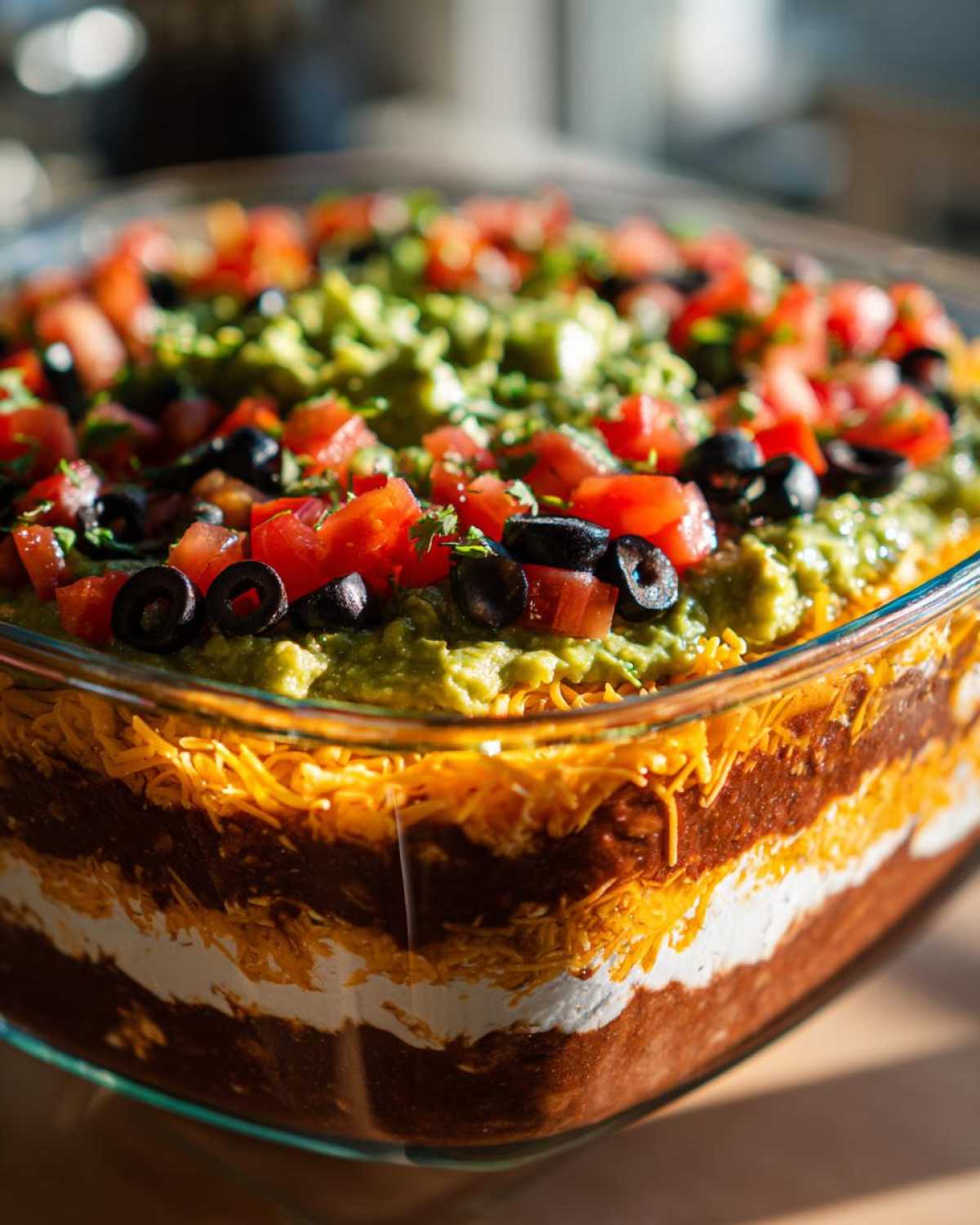 Close-up view of a layered Seven layer dip in a clear glass dish, topped with guacamole, tomatoes, and olives.