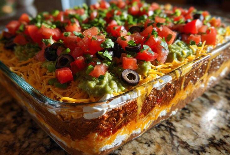 A clear glass dish showcasing the distinct layers of an amazing Seven layer dip, topped with guacamole, cheese, tomatoes, and olives.