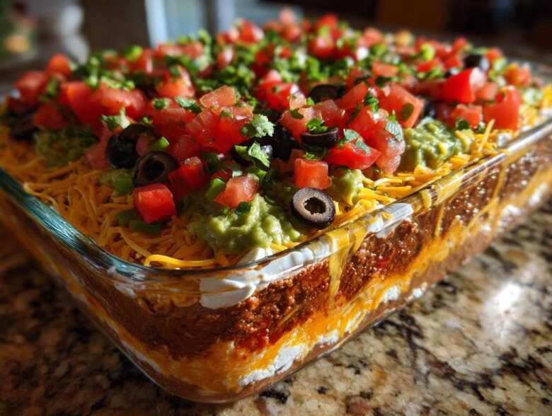 A clear glass dish showcasing the distinct layers of an amazing Seven layer dip, topped with guacamole, cheese, tomatoes, and olives.