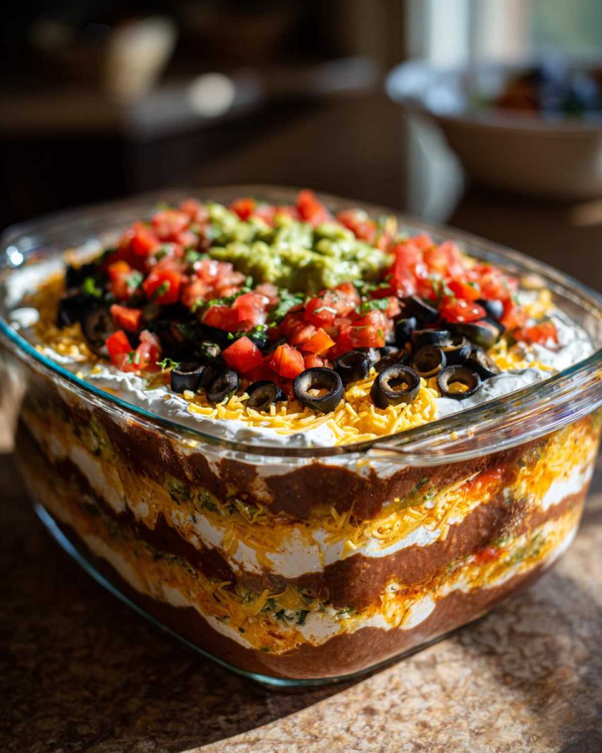 Close-up of a towering Seven layer dip in a clear glass dish, topped with guacamole, tomatoes, and black olives.