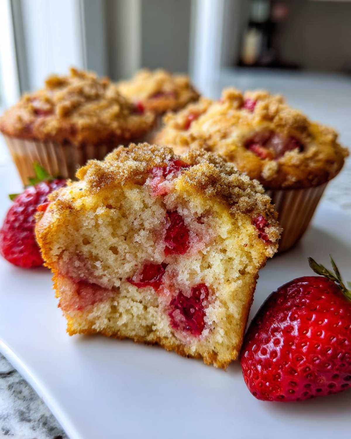 Close-up of a halved strawberry muffin showing moist interior packed with strawberries, next to whole fresh strawberries.