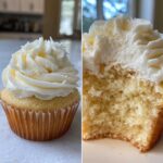 Split image showing a perfectly frosted vanilla cupcake and a cross-section revealing the moist crumb of the vanilla cupcakes.